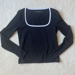 Abercrombie & Fitch Black Long-Sleeve Square Neck Top with White Trim